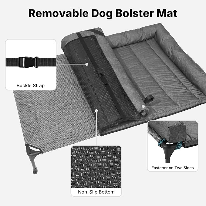 Veehoo Outdoor Elevated Dog Bed with Waterproof Bolster Cushion, Cooling | Raised Dog Bed with Removable & Washable Mat Topper, Breathable Mesh, Dog Couch Cot for Indoor Outdoor, 53", Large, Melange