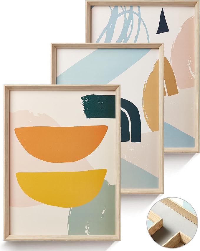 12x16IN Framed Boho Wall Art for Bedroom Set of 3 | Abstract Canvas Wall Decor, Minimalist High Framed Wood Design Prints for Living Room Bathroom