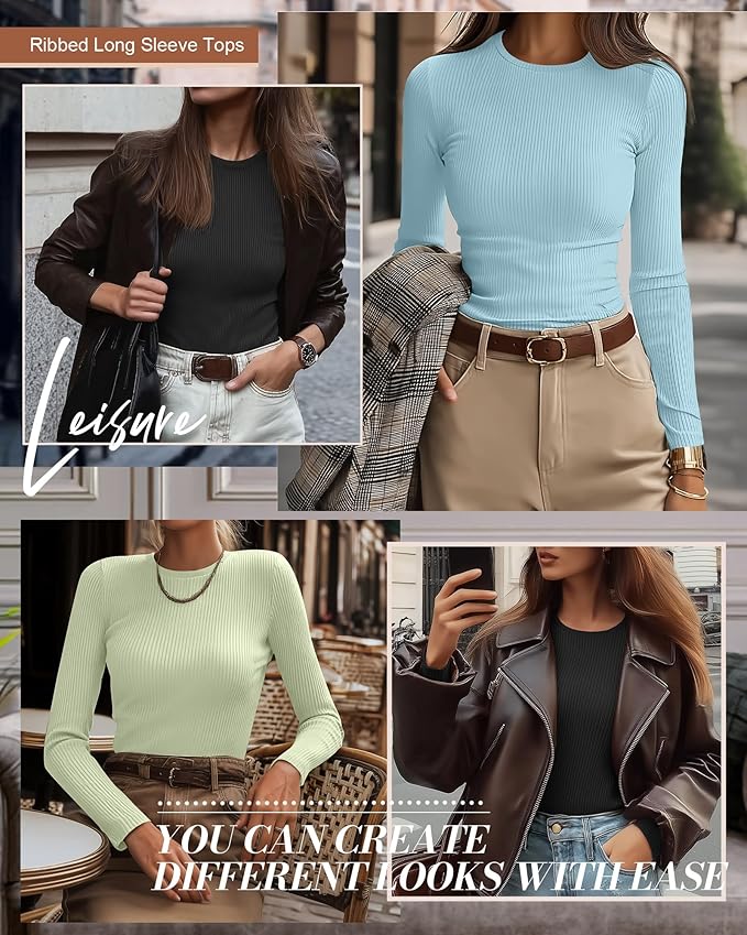 Ficerd 3 Pack Women's Ribbed Long Sleeve Tops, Crew Neck Slim Fit Undershirts Knit Basic Casual Stretch Layering Tee Shirts