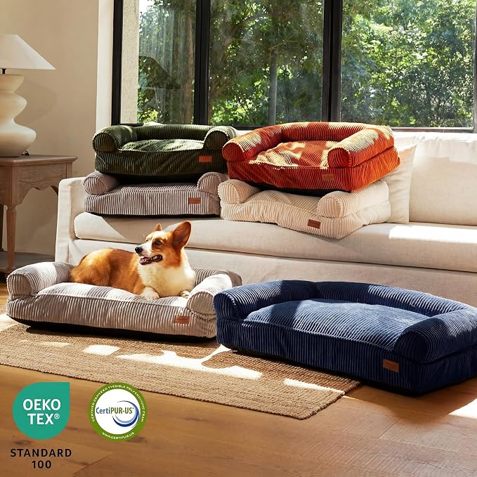 FUKUMARU Dog Couch Bed, Corduroy Cozy Cat Bed, Waterproof, Washable Cover | 28in Orthopedic Dog Beds Sofa for Small Dogs and Large Cats, Cute Warm Cotton Pet Sofa, Green