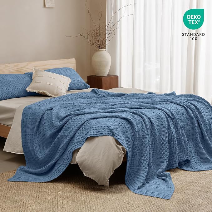 PHF 100% Cotton Waffle Blanket Twin Size, Lightweight Breathable Summer Blanket for Hot Sleepers, Pre-Washed Soft Layer for Bed, Dorm, Couch & Guest Room, Home Decor Gift, 66"x90", Denim Blue