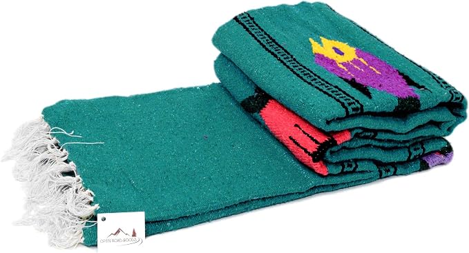 Open Road Goods Thick Mexican Yoga Blanket - Serape Fish Design - Handmade (Turquoise)