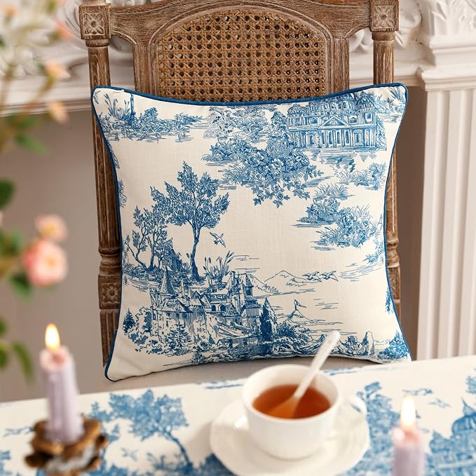 patdrea French Vintage Linen Throw Pillow Cover,18"x18",Set of 2-Lucerne A | Decorative Pillow Case,Chinoiserie Blue and WhitePillow Cover for Couch Living Room Bedroom Sofa