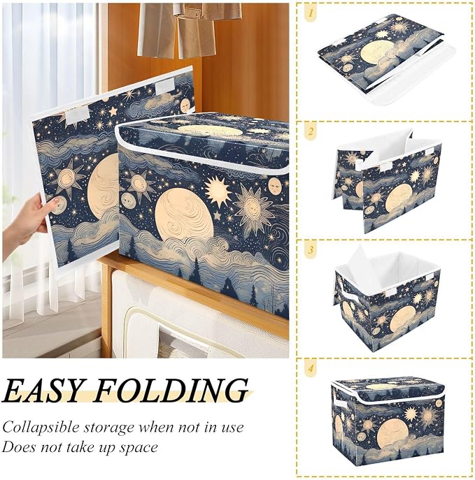 Stars and Moon Storage Bins with Lids and Carrying Handle,Foldable Storage Boxes Organizer Containers Baskets Cube with Cover for Home Bedroom Closet Office