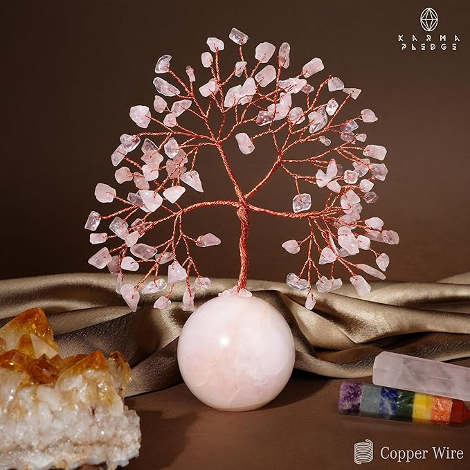 Rose Quartz Crystal Tree of Life Birthday Gifts for Women, Handmade Home Decor, Office, Room Decoration, Reiki Healing Crystal Chakra Tree for Money, Positivity, Good Luck Gifts for Her, Mom & Dad