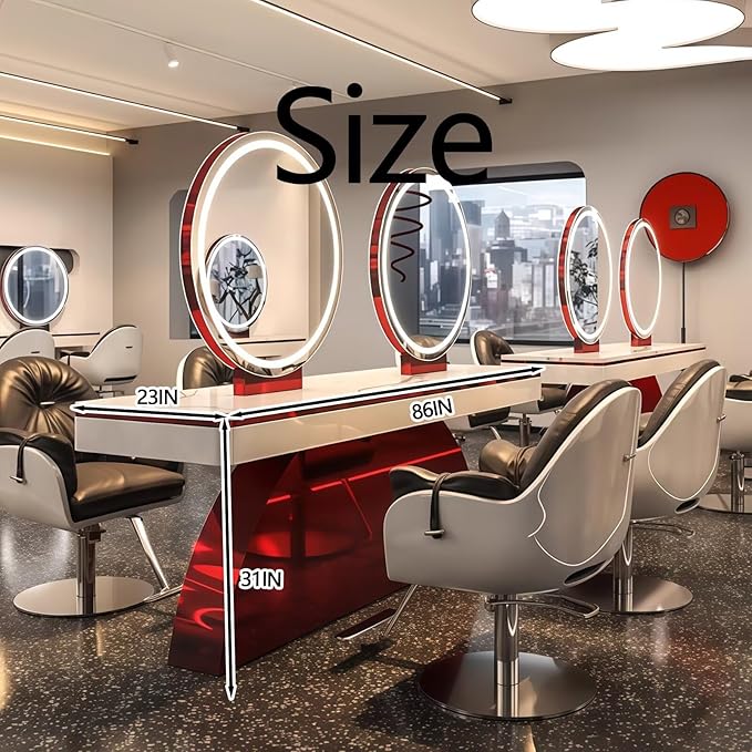 4-Person Salon Station for Hair Stylist with Retro-Futuristic Style, Barber Station includes LED Round Mirror, Red Metal Design, for Beauty Salon