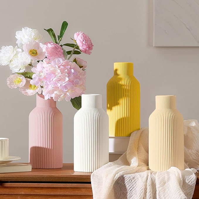 Mfacoy Ceramic Flower Vase, Minimalist Decor, Modern Home Decorative Vase, Small Pampas Grass Vases for Kitchen Bedroom Office Living Room Bathroom Shelf Centerpiece Table Decorations (Yellow)
