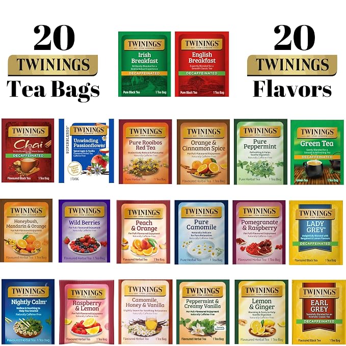 Twinings Herbal & Decaf Tea Variety Pack - Decaf Tea Sampler - Individually Wrapped Herbal Tea Bags, Green Decaf, Lady Grey Decaf, Earl Grey Decaf, Pure Peppermint, Camomile, Rooibos Red, Honeybush Mandarin Orange, Plus 13 More Flavors (Decaf, 1 Count ...