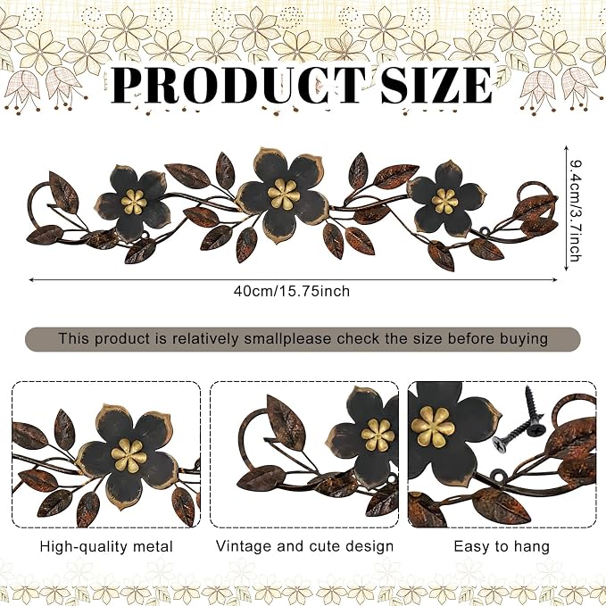 Wesiti Metal Flower Wall Decor Vintage Metal Flower Wrought Iron Scroll Sculpture 15.7''x3.7'' Not 3D, Flat Farmhouse Leaf Wall Decor with Nails for Summer Bedroom Kitchen Indoor Outdoor(Black)