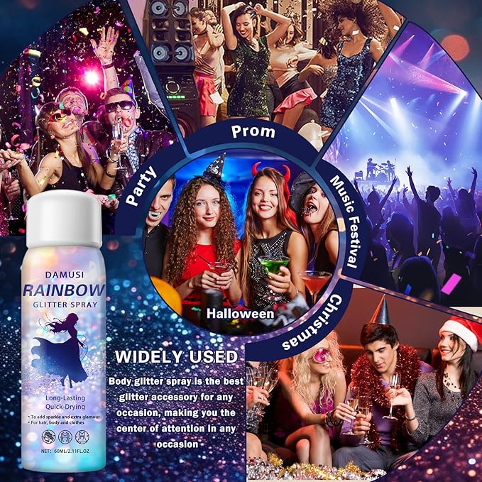 DAMUSI Silver Body Glitter Spray, Shiny Hair and Body Glitter Spray for Clothes, Holographic Glitter Hairspray Quick-Drying Long-Lasting Shimmer Highlighter Powder for Festival Concert Party Rave Prom