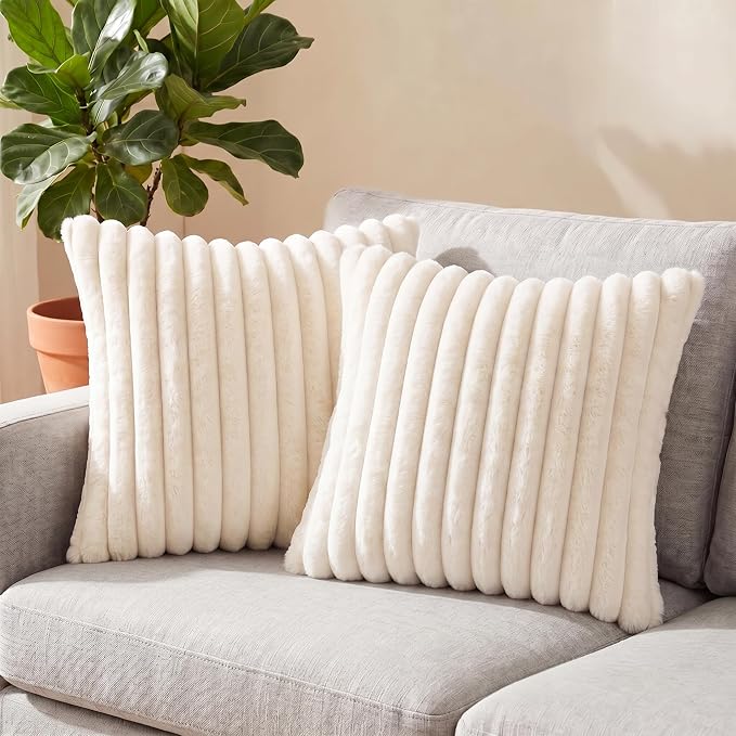Pack of 2 Throw Pillow Covers 18x18 Decorative Solid Plush Faux Fur with Soft Velvet Back, Square Striped Cushion Cases Modern Farmhouse Home Decor for Living Room Couch Sofa Bed Cream White