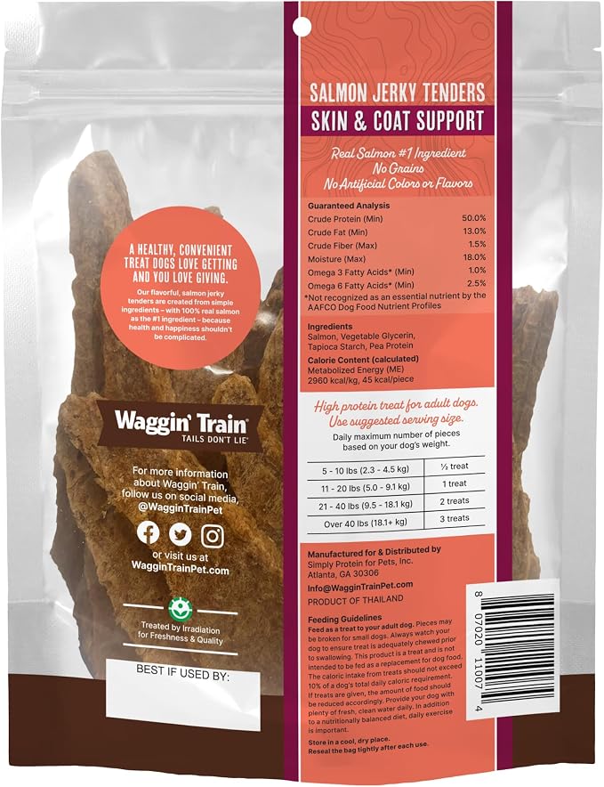 Waggin' Train Salmon Jerky Dog Treats for Skin and Coat Support, Made with 100% Real Salmon, No Grains and No Artificial Flavors or Colors, High Protein Dog Treat, Easily Digestible, 12 oz. Pouch
