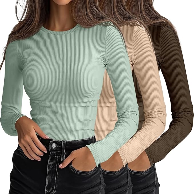 Ficerd 3 Pack Women's Ribbed Long Sleeve Tops, Crew Neck Slim Fit Undershirts Knit Basic Casual Stretch Layering Tee Shirts