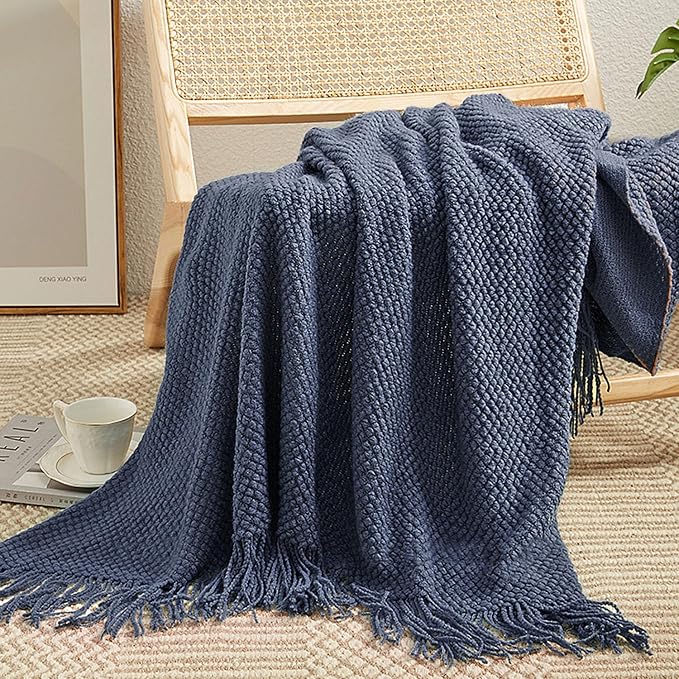 LOMAO Knitted Throw Blanket with Tassels Bubble Textured Lightweight Soft Throws for Couch Cover Home Decor (Navy, 60x90)