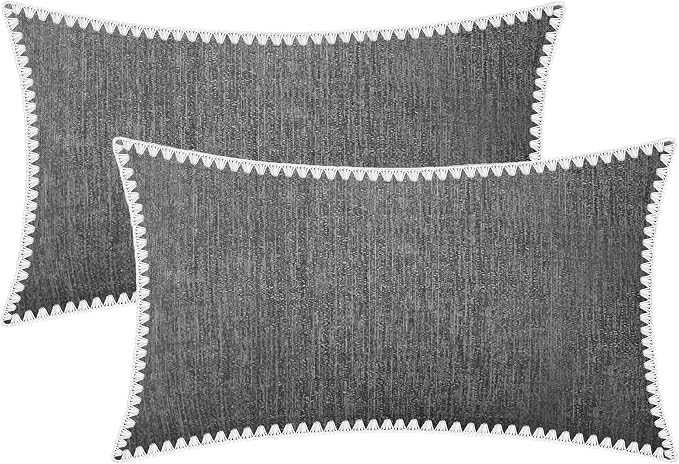 BRAWARM Chenille Throw Pillow Covers 12x20 Inches, Gray, 2 Pack | Decorative Lumbar Pillow Covers with Shell Edge, Soft Cushion Cases for Sofa Bed Living Room Home Farmhouse (No Insert)