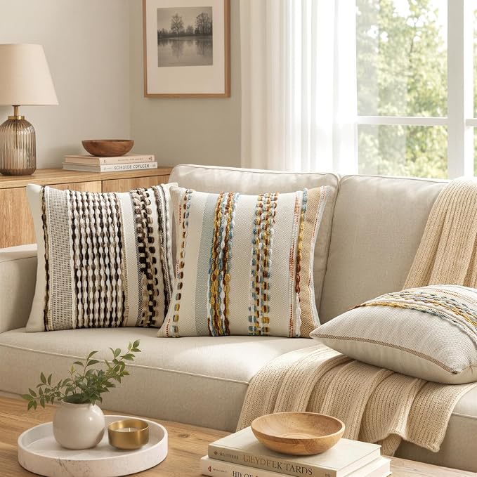 ANRODUO Boho Decorative Throw Pillow Covers 20x20 Inch Rust Blue Pack of 2 | Throw Pillow Covers, Farmhouse Cushion Case, Chenille Pillow Cases, Pillow Covers, Accent Neutral Pillowcase for Sofa Couch