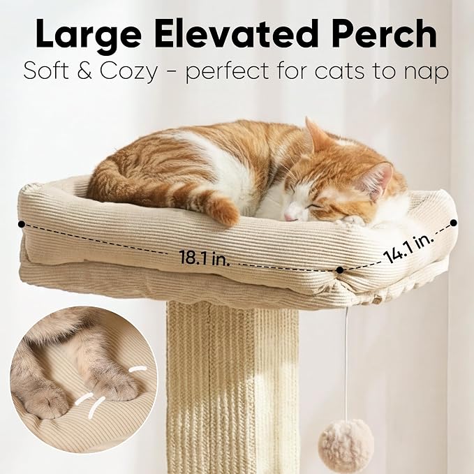 FUKUMARU Retro-Style Cat Scratching Post with Perch for Indoor Adult Cats | 28.7" Elevated Tall Cat Bed, Solid Wood Large Cat Scratcher Tower with Bed, Aesthetic Cat Tree Furniture with Natural Sisal