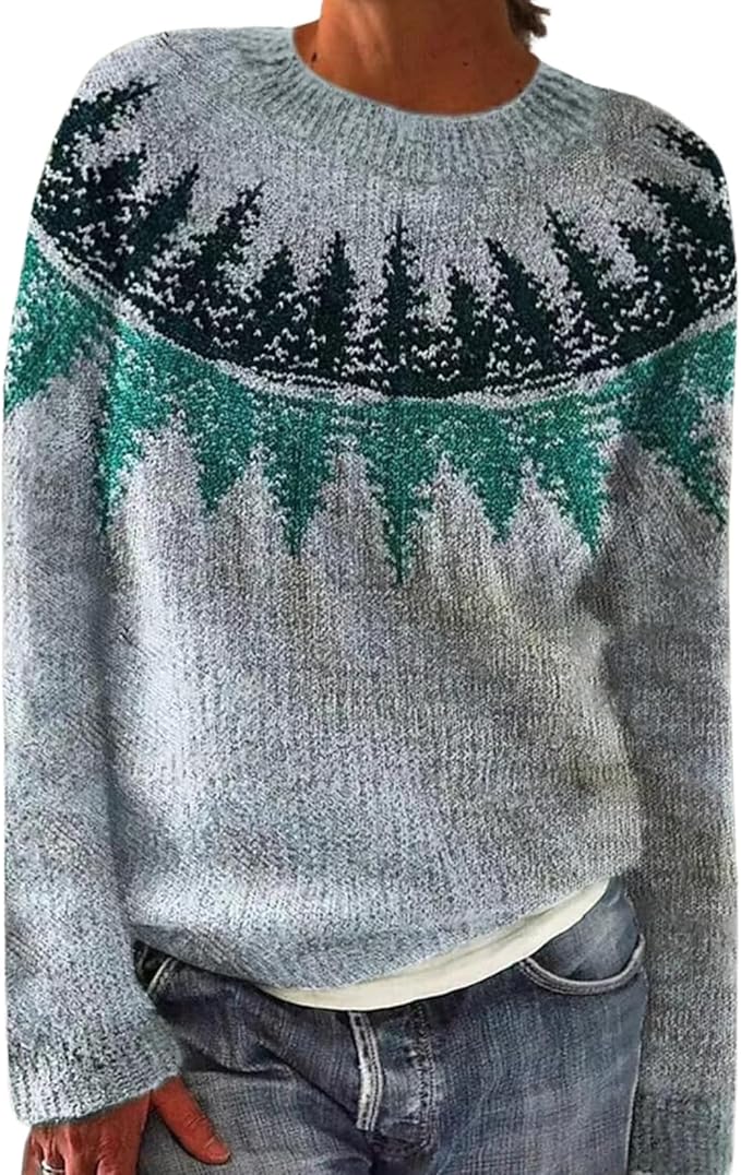 Zhyaj Fair Isle Sweater for Womens Winter Long Sleeve Vintage Knitted Sweater Casual Fall Crew Neck Pullover Sweaters