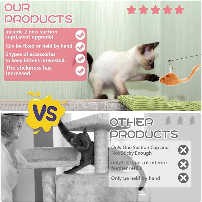 Interactive Bird Simulation Cat Toy Set | Cat Wand Toys,Includes 2 Self-Holding Suction Cup Bases and 6 Detachable Replacement Feather Toys