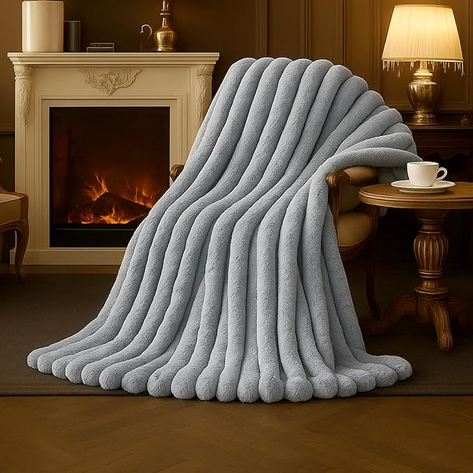 Faux Fur Throw Blanket for Couch, Cozy Fuzzy Fluffy Fur Luxurious Soft Striped Plush Gift Blankets for Family Sofa Chair Bedroom, 55"x70", Light Grey