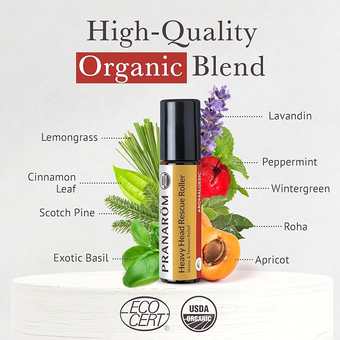 Pranarom - Heavy Head Rescue Roller 8ml - Aromatherapy with Essential Oils - Organic Blend for Tension - Warming & Cooling Effects - Easy Roll-On Application
