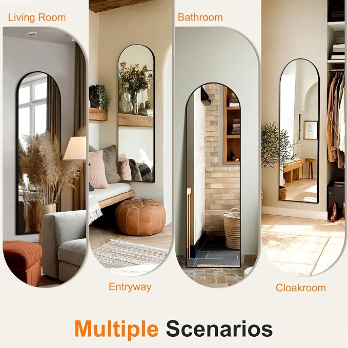 Arched Full Length Mirror, 56"x15" Standing Body Mirror for Wall, Black | Built-in Stand, HD Shatterproof Glass, Aluminum Alloy Frame, Hanging or Standing, for Bedroom, Living Room & Dressing Room
