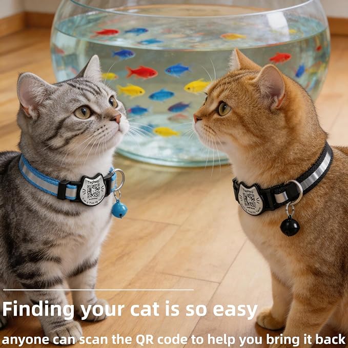 Breakaway Cat Collar with QR Code Tag and Bell (Black & Blue) | Reflective Nylon, Quick-Release Buckle