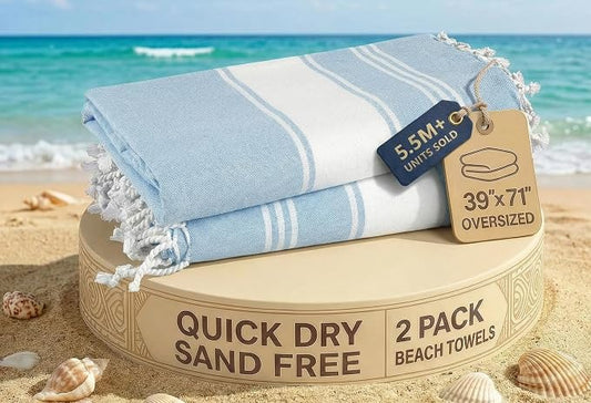 LANE LINEN Beach Towels for Women, 2 Pack Large Beach Towels Oversized, Pre-Washed, No-Shrink Sand Free Beach Towels, Quick Dry, Lightweight Travel Towel,Soft Beach Bath Towel, 39"x71" - Sky Blue