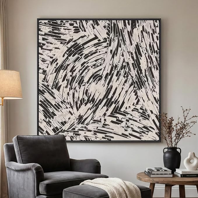 Large Framed Black and White Abstract Wall Art for Living Room, Big Square Modern Canvas Prints Paintings, Minimalist Brushstroke Lines Pictures for Bedroom Dining Hallway Office Wall Decor 40x40 In