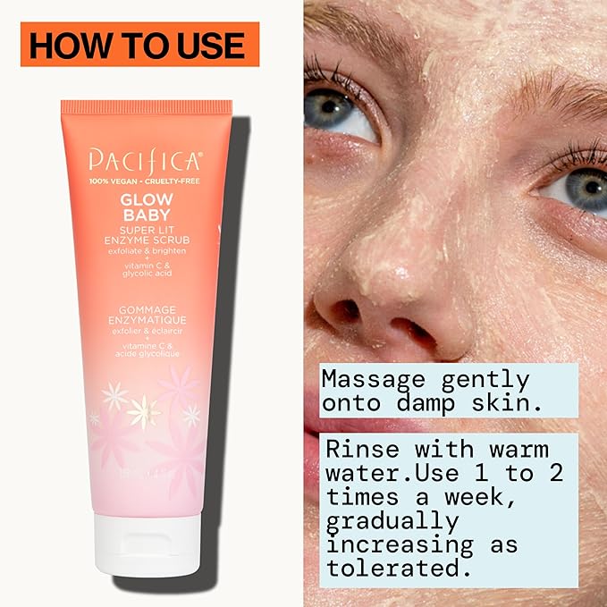 Pacifica Glow Baby Exfoliating Face Scrub, Brightening Enzyme Facial Cleanser w/ Vitamin C & Glycolic Acid for Radiant Smooth Skin, Unclogs Pores & Removes Dead Skin, Microbead-Free Vegan (4 fl oz)