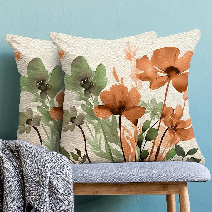 Spring Floral Pillow Covers 18x18 Inches Set of 2 Sage Green Orange Floral Throw Pillow Cover Outdoor Rustic Summer Flower Decoration Pillowcase Farmhouse Decorative Cushion Cover For Home Sofa