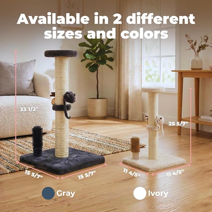 Best Pet Supplies Catify Cat Scratching Post - Gray H: 25" | 11" x 11" x 25", Interactive Cat Pole, Built-In Toys, Durable Sisal, Furniture Protector, For Indoor Kittens and Cats