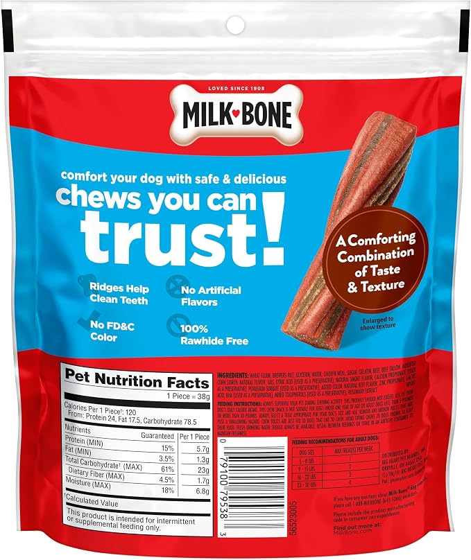Milk-Bone Comfort Chews With Real Beef, 30 Mini Dog Chews | 5 (6-count) bags, For dogs 5-30 lbs., Rawhide-free dog chews, Unique chewy texture, Made with real beef