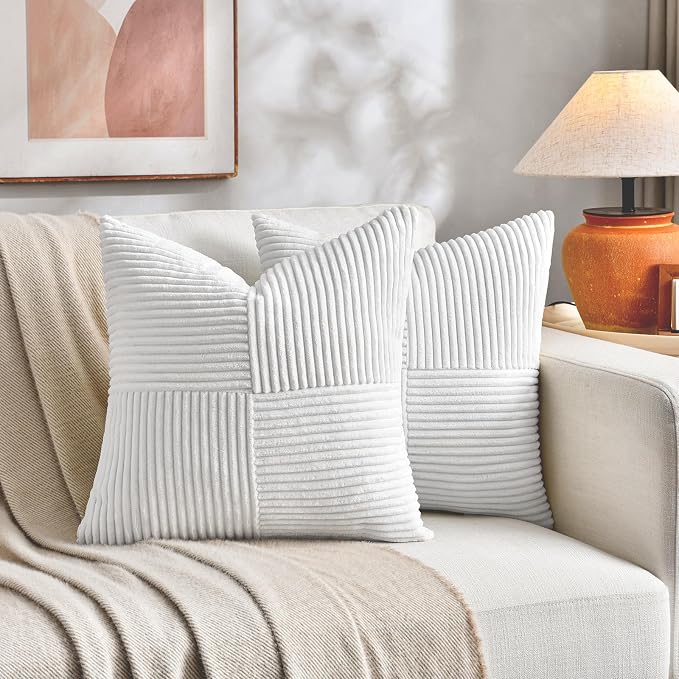 Fancy Homi Set of 1 White Square Decorative Throw Pillow Covers 14x14 Inch for Living Room Bedroom Couch Bed Sofa, Soft Striped Corduroy Modern Rectangle Accent Cushion Case 35x35 cm