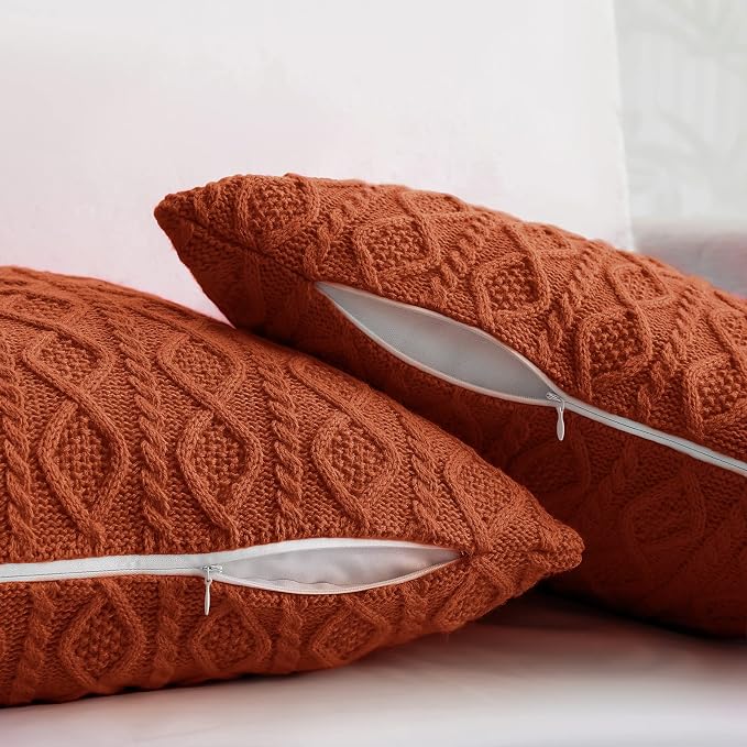 Homiest Rust Cable Knit Throw Blanket Set of 3, with 2 Pillow Covers | Pure Acrylic, Lightweight & Breathable, All-Season Use, Machine Washable, Wrinkle & Fade Resistant, for Couch Bed And Sofa