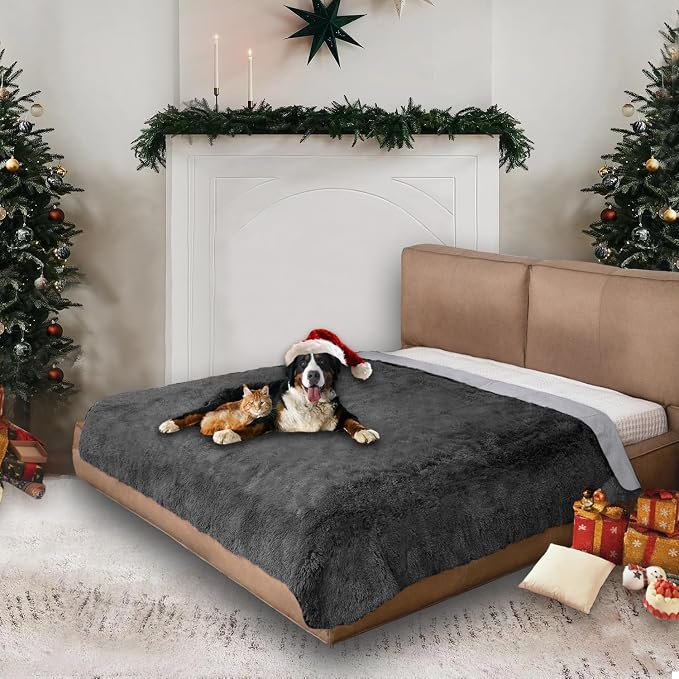 Waterproof Dog Bed Cover, Dog Pad Soft Plush Pet Blanket with Anti-Slip Back for Bed Couch Sofa, Furniture Protector for Small, Medium and Large Dogs and Cats (Dark Gray, 82"x82")