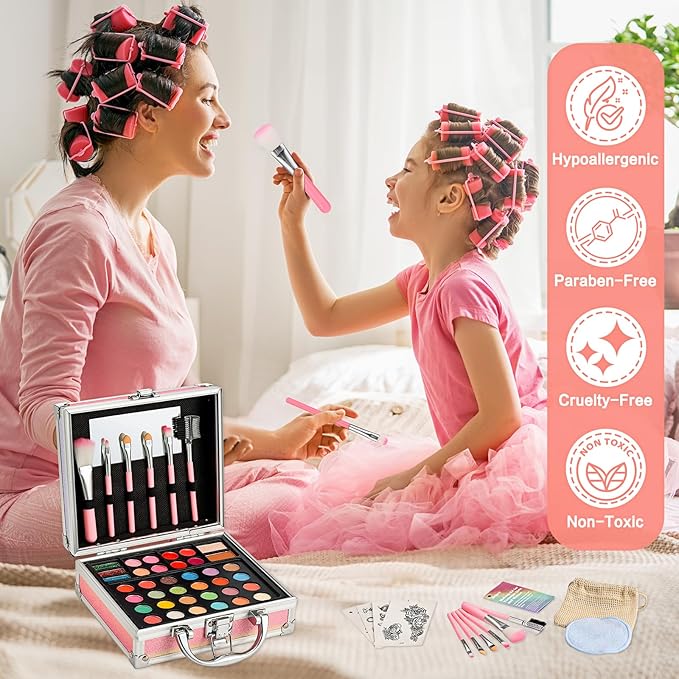 Anpro All-in-One Makeup Kit for Girls 10-12 with Case, Pro Teen Makeup Set, Tween Makeup Kit, Full Starter Make Up Kit with Brushes, Eyeshadow Palette, Blushes, Glitter Gel, Temporary Tattoo Stickers