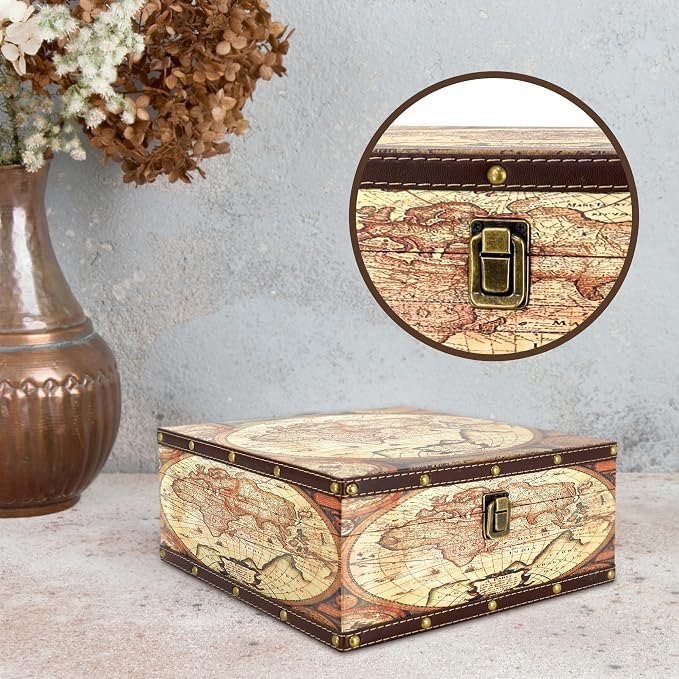 Jolitac Wooden Storage Box Set of 3, Antique-Looking Storage Containers with Secret Compartments Vintage Nesting Keepsake Chests for Jewelry, Cash, Photos Travel-Friendly & Stackable (Map)