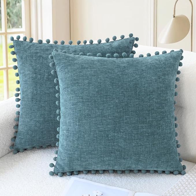 CaliTime Decorative Couch Throw Pillow Covers 18 X 18 Inches Smoke Blue | Pack of 2, Cozy Chenille Cushion Cases, with Pom Poms for Sofa Bed Living Room Farmhouse Home
