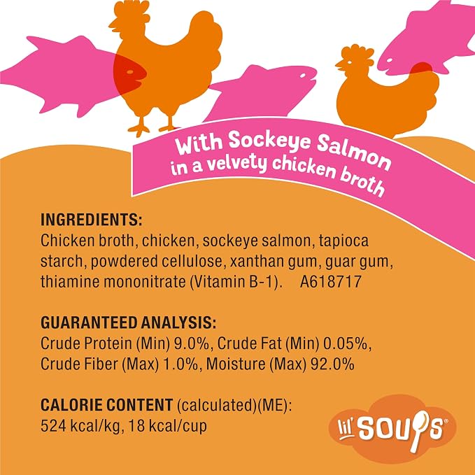 Friskies Purina Grain Free Lickable Cat Food Toppers Lil’ Soups with Sockeye Salmon in Chicken Broth - 1.2 oz. Cups,(Pack of 16)