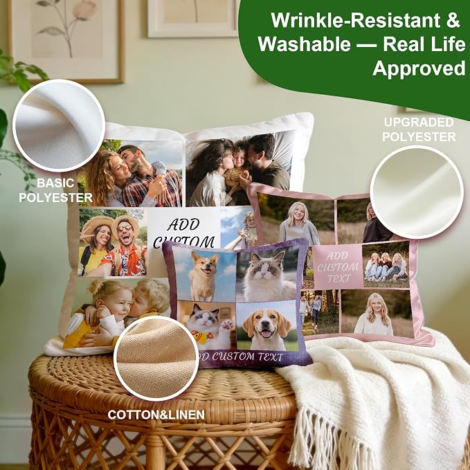 Bemaystar Custom Pillow with Picture & Text, Ships Next Day, Made in USA - Personalized Pillowcover- Love Keepsake, Customized Gifts, Mothers Day Decorative Throw Pillow(No Insert)-6photos