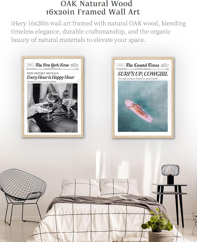 iHery 16x20in Surf’s Up Cowgirl Framed Newspaper Wall Art | Natural OAK Wood Frame with Canvas Print, Coastal Western Decor for Bedroom, Girl Dorm, Living Room and Bar Cart, 1Pack