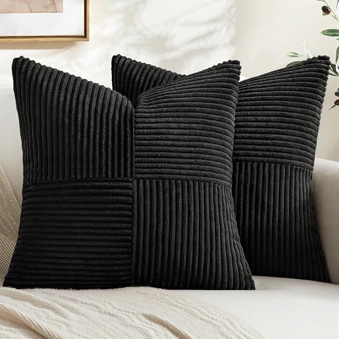 MIULEE Black Decorative Throw Pillow Covers for Couch 20x20 Inch | 2 Pack, Boho Farmhouse Pillow Covers, Soft Cross Corduroy Patchwork Textured Cushion Cases For Bed Sofa