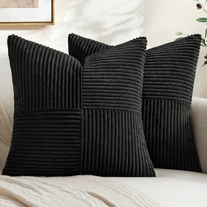 MIULEE Black Decorative Throw Pillow Covers for Couch 18x18 Inch | 2 Pack, Boho Farmhouse Pillow Covers, Soft Cross Corduroy Patchwork Textured Cushion Cases For Bed Sofa