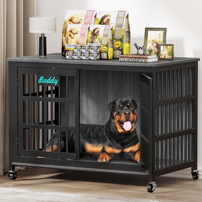 EasyCom 46"/42"/33" XXL Heavy Duty Dog Crate Furniture with Casters | Dog Kennel Indoor with Name Tag, Escape-Proof and Chew-Proof Dog Cage for Large High Anxiety Dog, as End Table