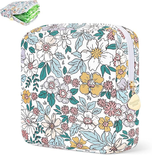 Sanitary Pad Storage Bag Portable Period Bag for Teen Pads/Sanitary Napkins/Small Tampons, Sanitary Napkin Storage Bag First Period Gifts for Teen Girls (Spring Flowers)