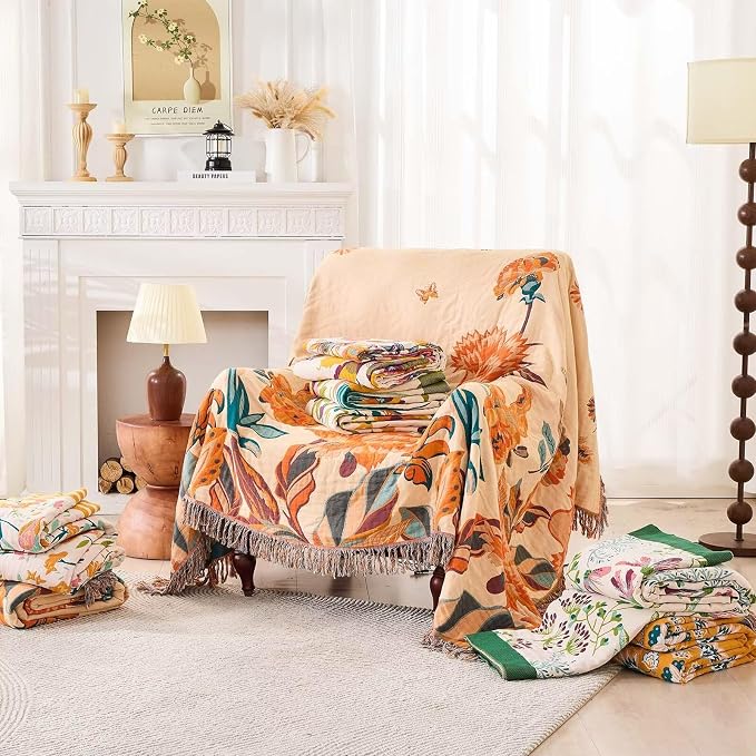 XIBLC Boho Throw Blanket for Bed, 100% Cotton Soft Rustic Quilt Fall Blanket, 50"x60" Yellow Floral Printed Farmhouse Decor Bed Blankets, All Season Rustic Reversible Bohemian Throw Quilt