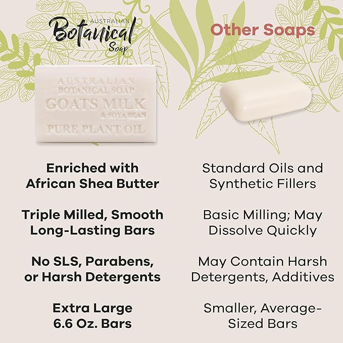 Australian Botanical Goat Milk Soap, 6.6 OZ Bars Eucalyptus, Sandalwood, Coconut, Oat Milk, Aloe Vera, Lemongrass, and Tea Tree, Goat Soap Enriched with Organic Shea Butter, Variety Pack of 8