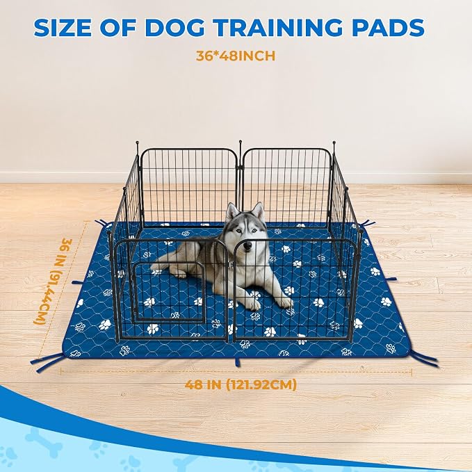 Fostanfly Washable Pee Pads for Dogs, Ultra-Absorbent, 36"x48"-2 Pack, Blue | Leak-Proof, Waterproof, Non-Slip, Large Reusable Pee Pads for Puppy Potty Training, Crate and Playpen with 8 Tie Straps