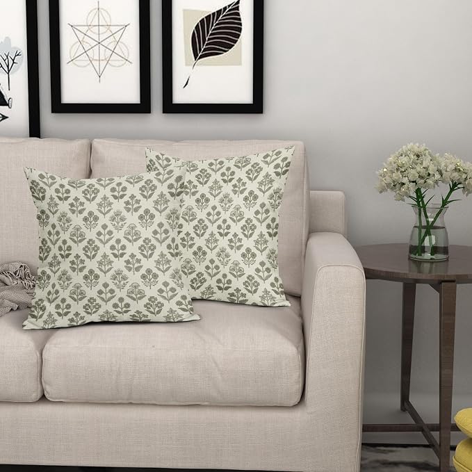 Olive Green Floral Pillow Covers 22x22 Inch Set of 2, Vintage Flower Block Print Pattern Decorative Throw Pillowcases Outdoor Farmhouse Cushion Covers Spring Summer Rustic Sofa Couch Bed Decor